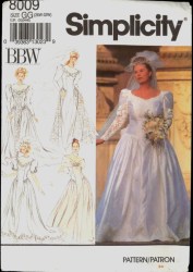 8009 SIMPLICITY BBW LINED BRIDAL SLIM OR FULL SKIRT GOWN, YOKE, TRAIN OR NOT DESIGN PATTERN 26W-32W